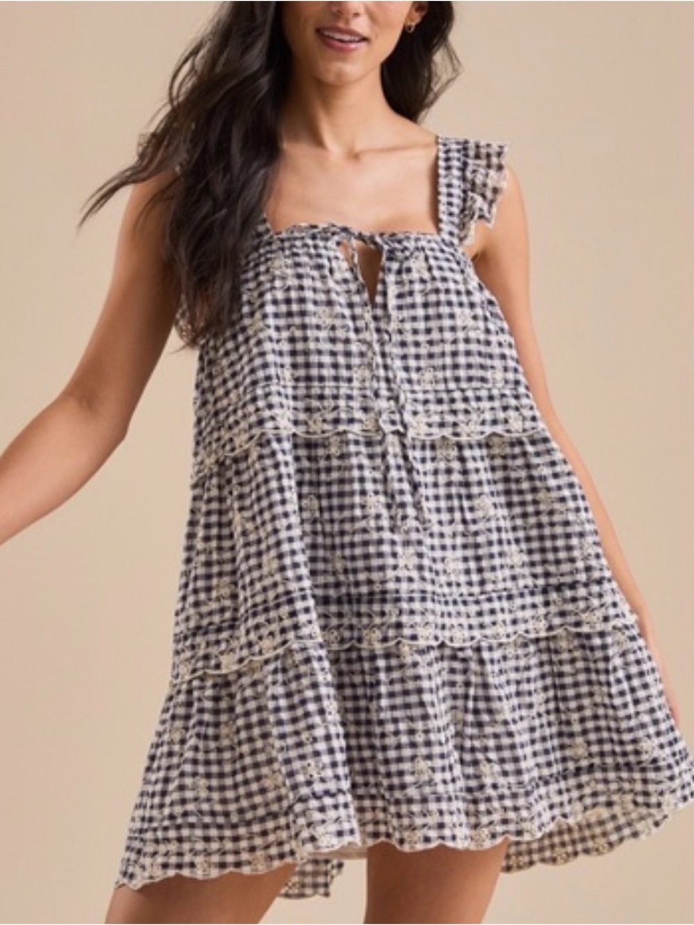 Altar’d State Gingham Eyelet Haylin Mini Dress XL Blue White Tiered Lined